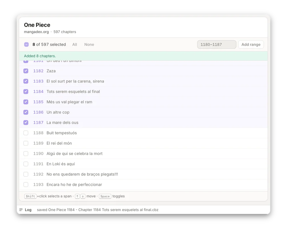The chapter list during a run: eight chapters selected, the first ones already saved and the rest in progress in the Activity panel.