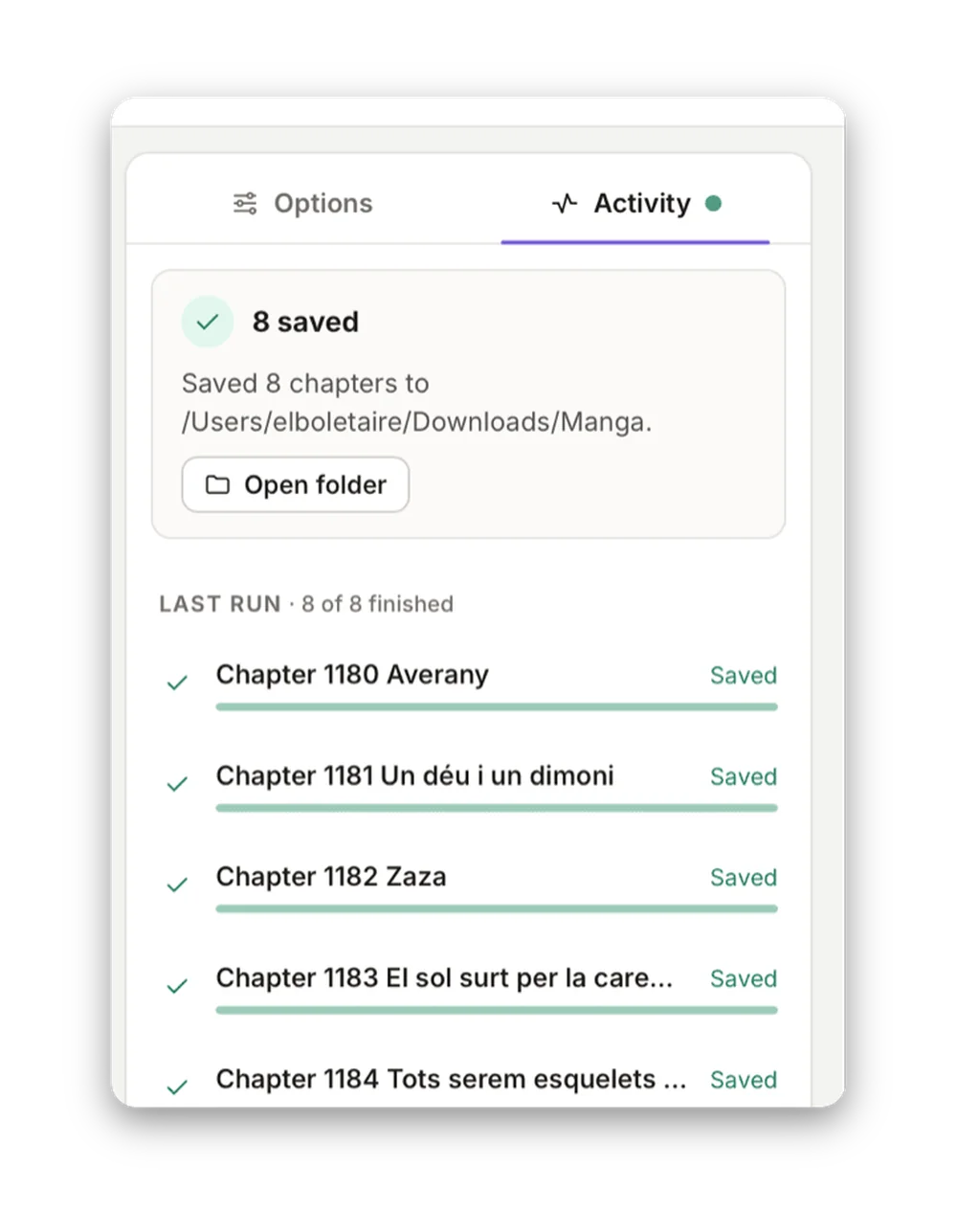 A finished run: eight chapters saved to the output folder, each listed as saved in the Activity panel.