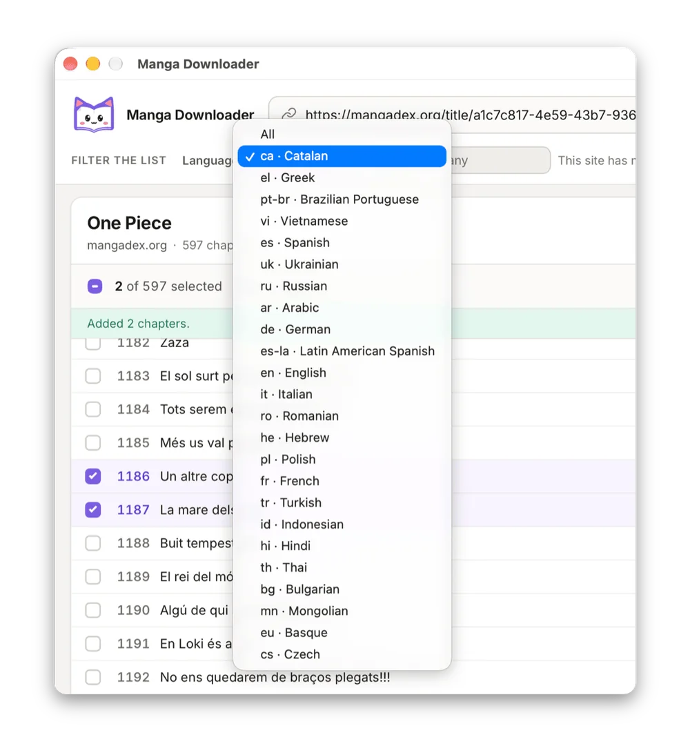 The language dropdown open over the chapter list, with Catalan selected among the languages One Piece is available in.